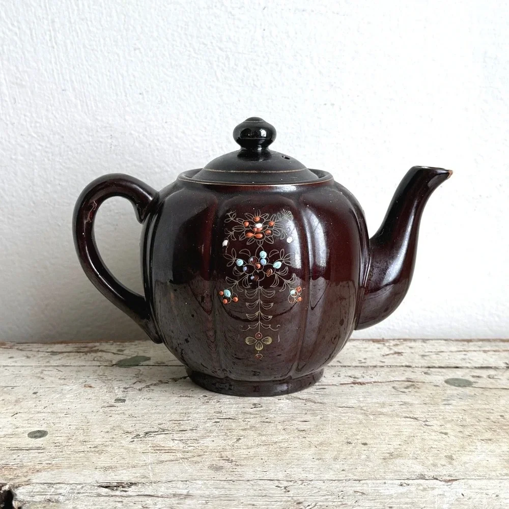 Vintage Japanese Brown Moriage Floral Teapot Hand Painted Made in Japan